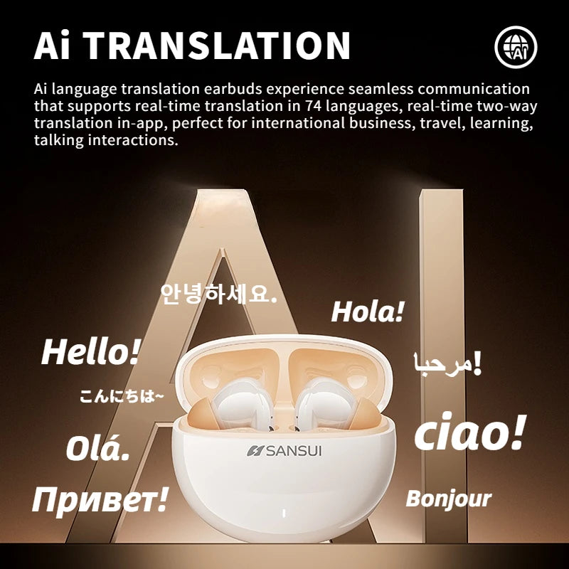 Sansui W59 Ai Translator Earbuds -35dB ANC Bluetooth 6.0 Earphones Active Noise Canceling Headphone with 74 Language Translating