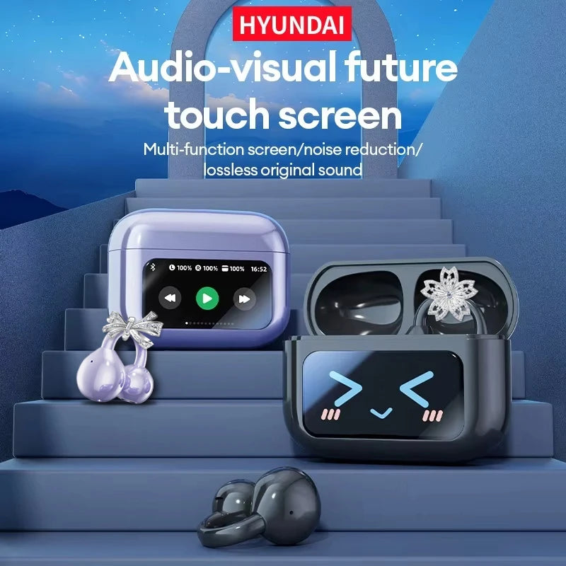 Choice HYUNDAI M100 ENC Ear Clip LED Digital Display Earphones Wireless Bluetooth Headphones Noise Cancelling Touch Control