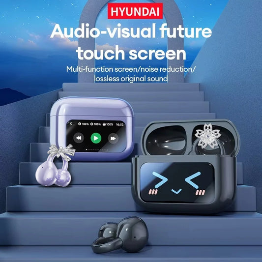 Choice HYUNDAI M100 ENC Ear Clip LED Digital Display Earphones Wireless Bluetooth Headphones Noise Cancelling Touch Control