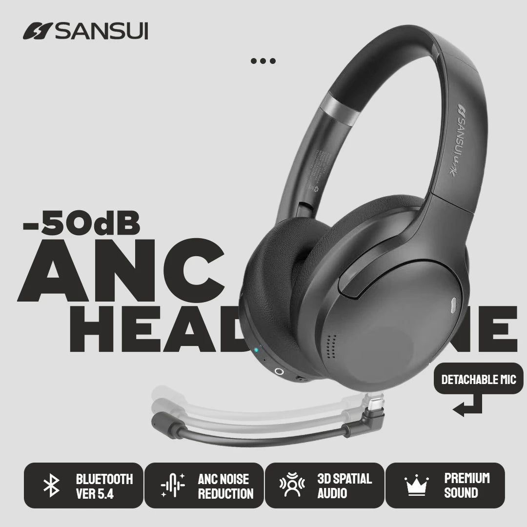 Sansui TD46 50dB ANC Wireless Bluetooth 5.4 Headphones Active Noise Cancellation Headsets Over-ear Earphones with Detachable Mic