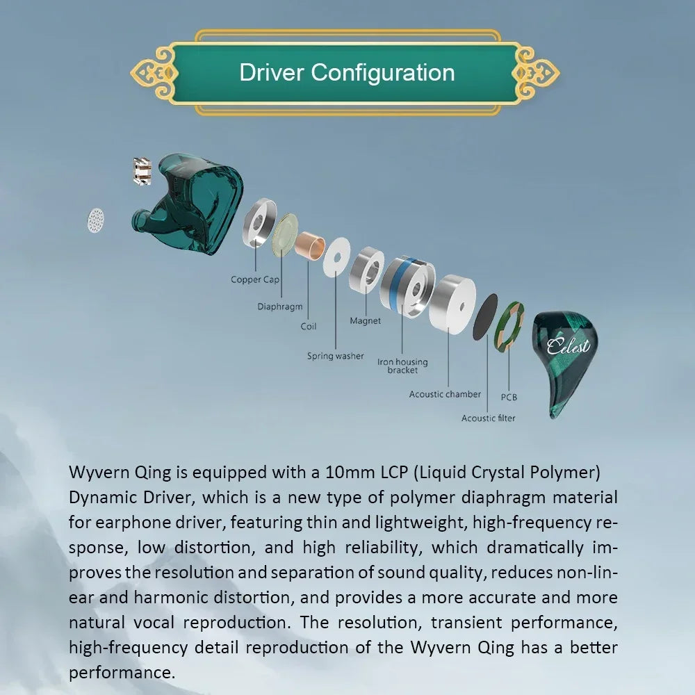 Kinera Celest Wyvern Qing Wried In-Ear Earphone 0.78mm 2pin 10mm LCP Diaphragm Dynamic Driver Earbuds
