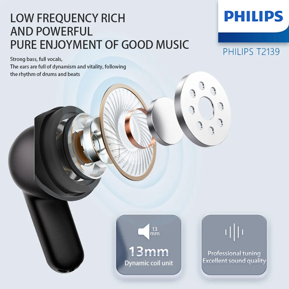PHILIPS T2139 Mini Semi-in-ear Wireless Bluetooth Headphones AI Intelligent Call noise Reduction Sports-Grade Water Resistance