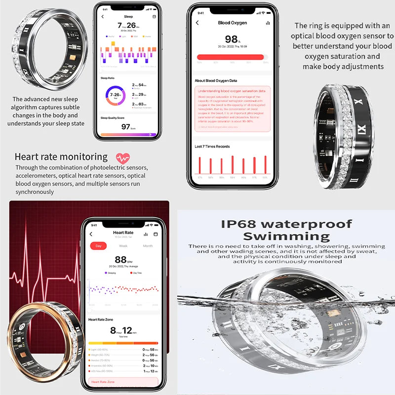 Diamond Inlaid Smart Ring HeartRate HealthMonitor, Blood Oxygen Waterproof Multi-sport Mode Smart Tracker for Iphone Android New
