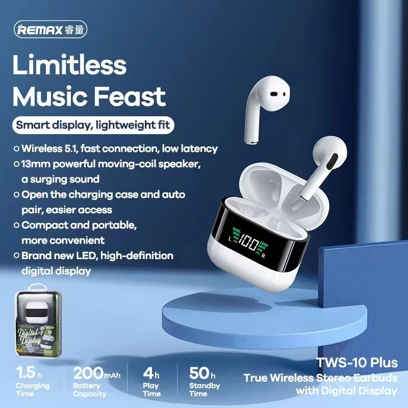 Remax TWS-10 Plus Dynamic Mini HIFI Bluetooth Headphones Display In Ear Stereo Fidelity Music Wireless Earphones Earbuds