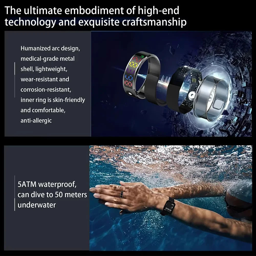 JELLOO Smart Rings Equipped with a display screen with Sport Modes Sleep Heart Rate Blood Oxygen Blood Pressure IP68 Waterproof