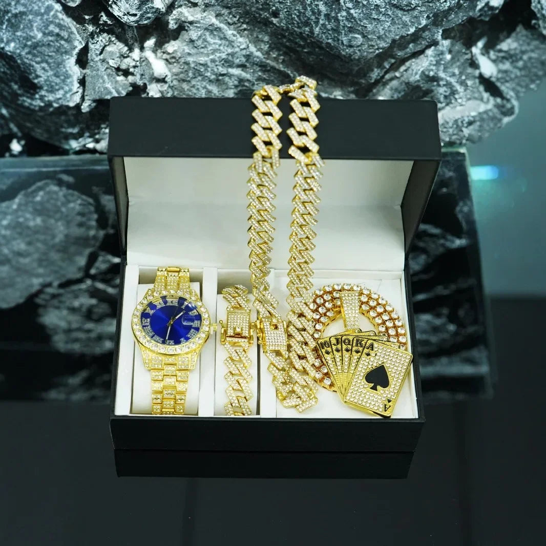 4pcs Necklace+Bracelet+Watch Cuban Chain Watch for Men Hip Hop Miami Curb Iced Out Paved Rhinestone Rapper Cuban men Jewelry set