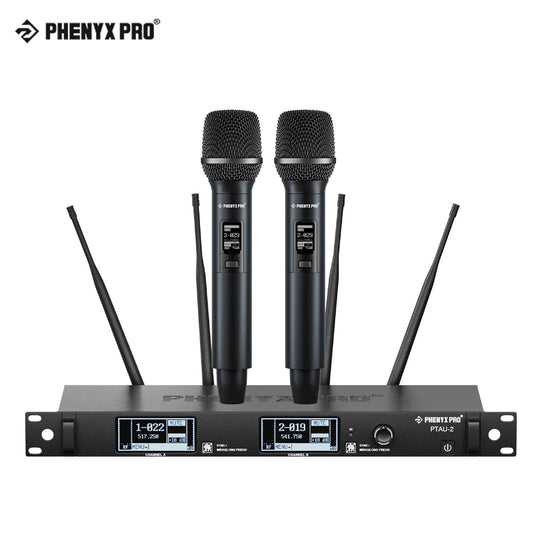 New Phenyx Pro PTAU-2 True Diversity Wireless Microphone System w/ ID Lock,  Auto Scan, Cordless Mics for DJ, Karaoke
