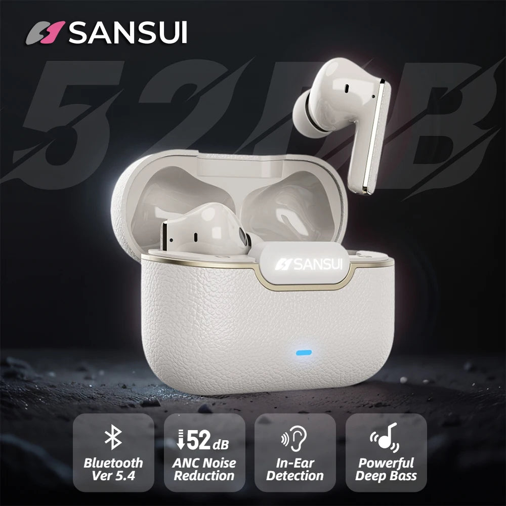 Sansui ANC Bluetooth 5.4 Earphone 52dB Active Noise Canceling Headphone In-Ear Detection TWS Wireless Earbuds with Powerful Bass