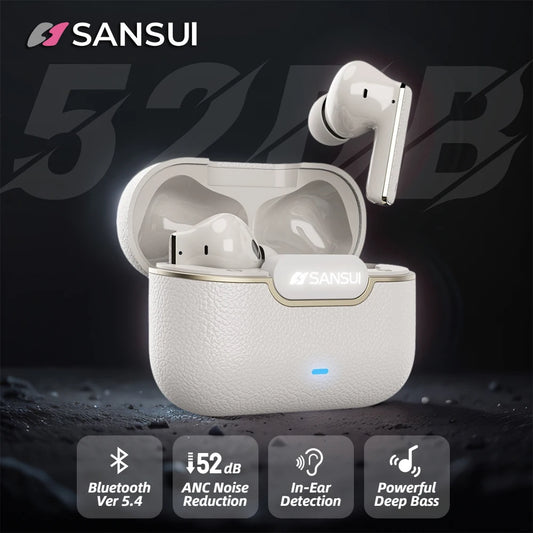 Sansui ANC Bluetooth 5.4 Earphone 52dB Active Noise Canceling Headphone In-Ear Detection TWS Wireless Earbuds with Powerful Bass