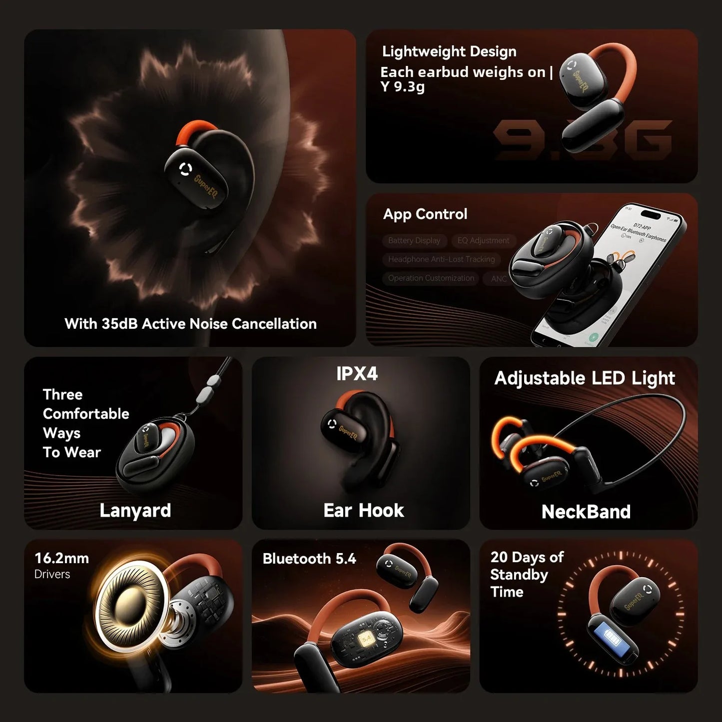 Open-Ear Wireless Earphones Bluetooth 5.4 Neckband Headphones IPX4 Air Conduction Sports Earbuds APP Control