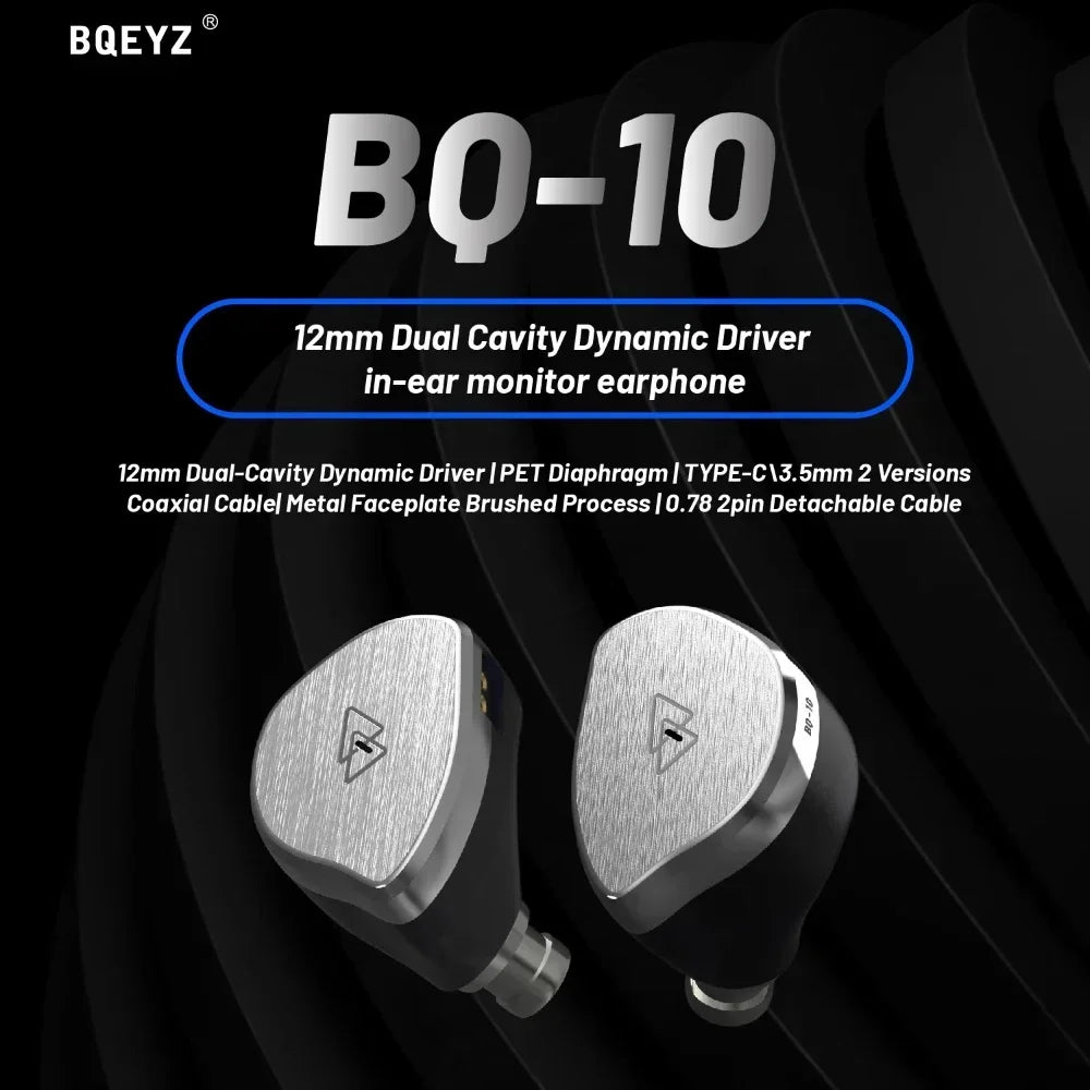 BQEYZ BQ10 IEM Wired HiFi in-Ear Earphones Gaming 12mm PET Dynamic Driver Earbuds 0.78mm 2Pin Detachable Silver-plated OFC Cable