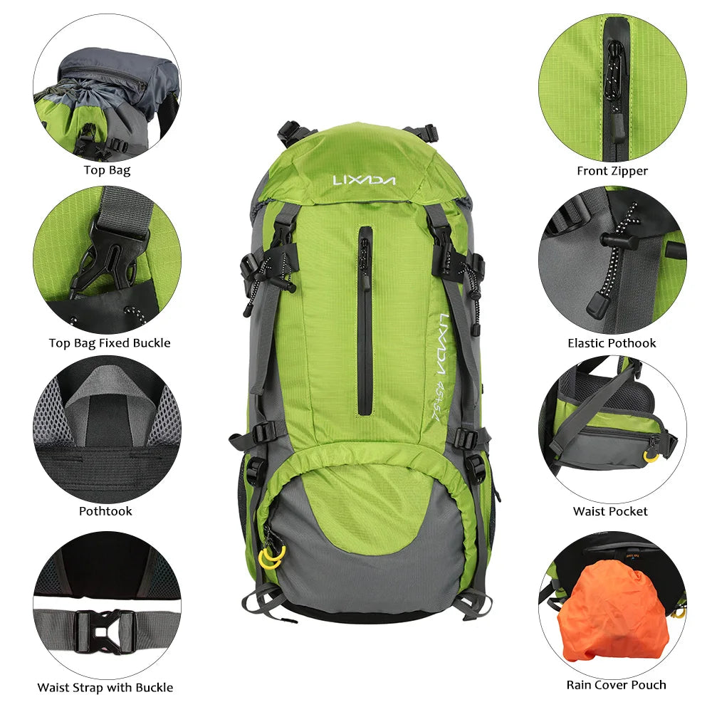 LIXADA 50L Hiking Backpack Water Resistant Outdoor Sport Knapsack Camping Travel Pack Climbing Trekking Bag with Rain Cover