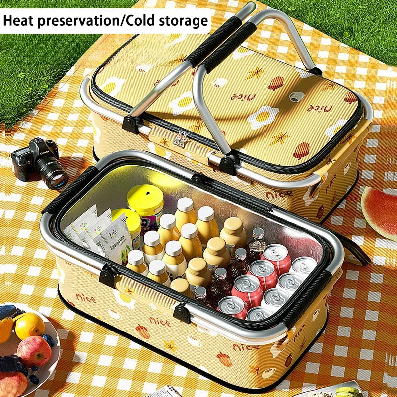 Camping Insulated Cooler Outdoor Picnic BBQ Basket Handles Waterproof Large Capacity Hamper Portable Foldable Travel Storage Bag