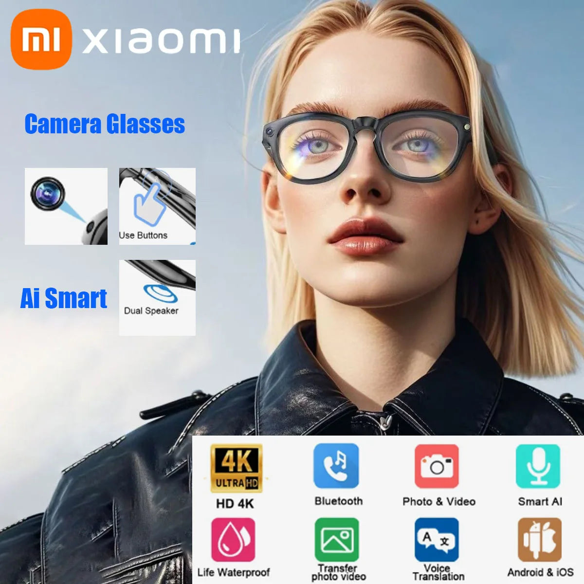 Xiaomi Ai Smart Glasses 4K HD Camera Wearable Mini Camera Bluetooth Call Voice Assistant Control Smart Sports Camera Glasses