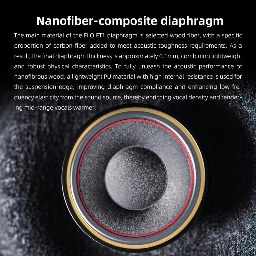 FiiO FT1 Closed-Back Over-Ear Nanowood Fiber Composite Diaphragm Wired Hi-Fi Headphones, American Black Wood Ear Cups for Studio