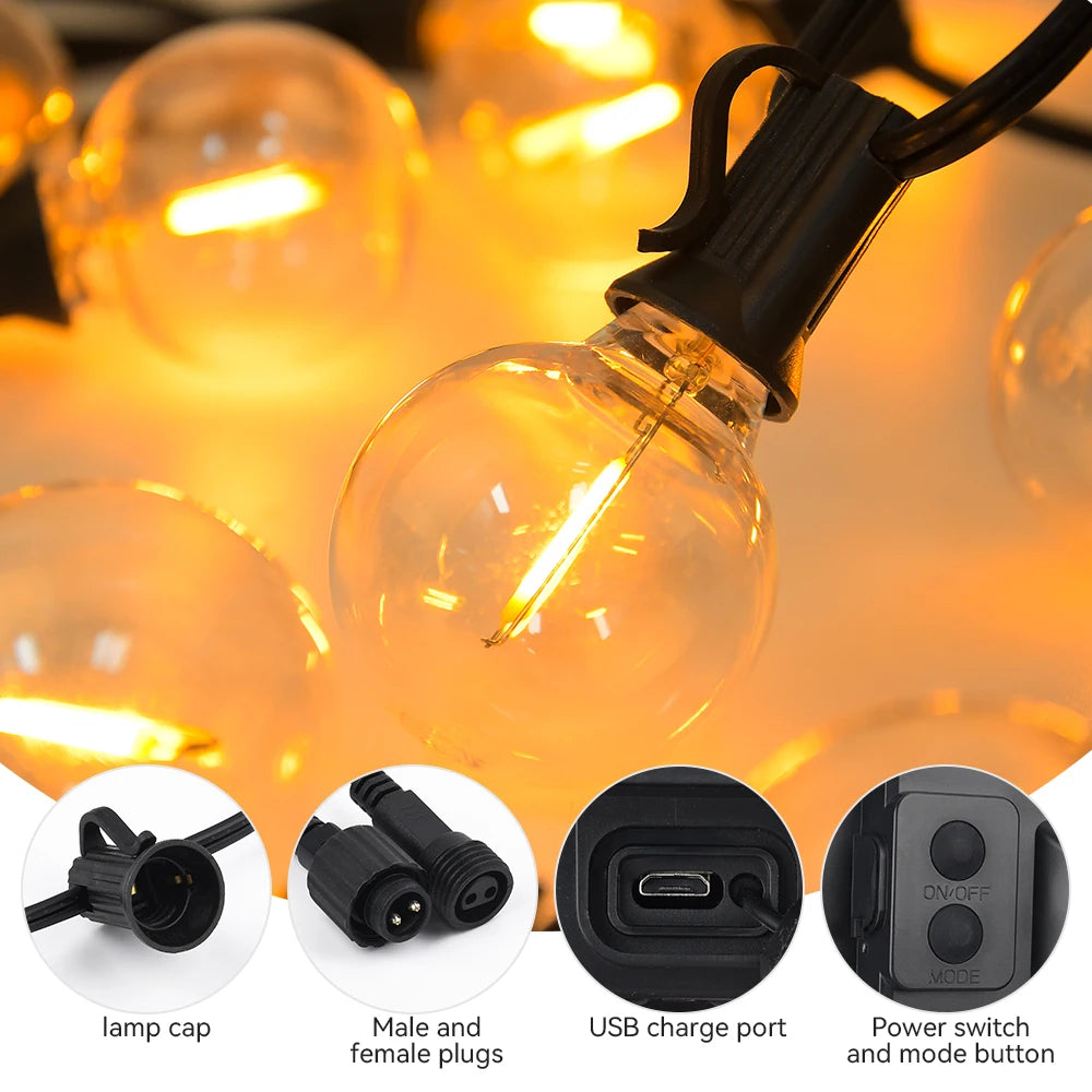 Solar String Lights Outdoor G40 Patio Lights Solar Powered Fairy Lights With Remote Weatherproof Hanging Lights For Holiday Back