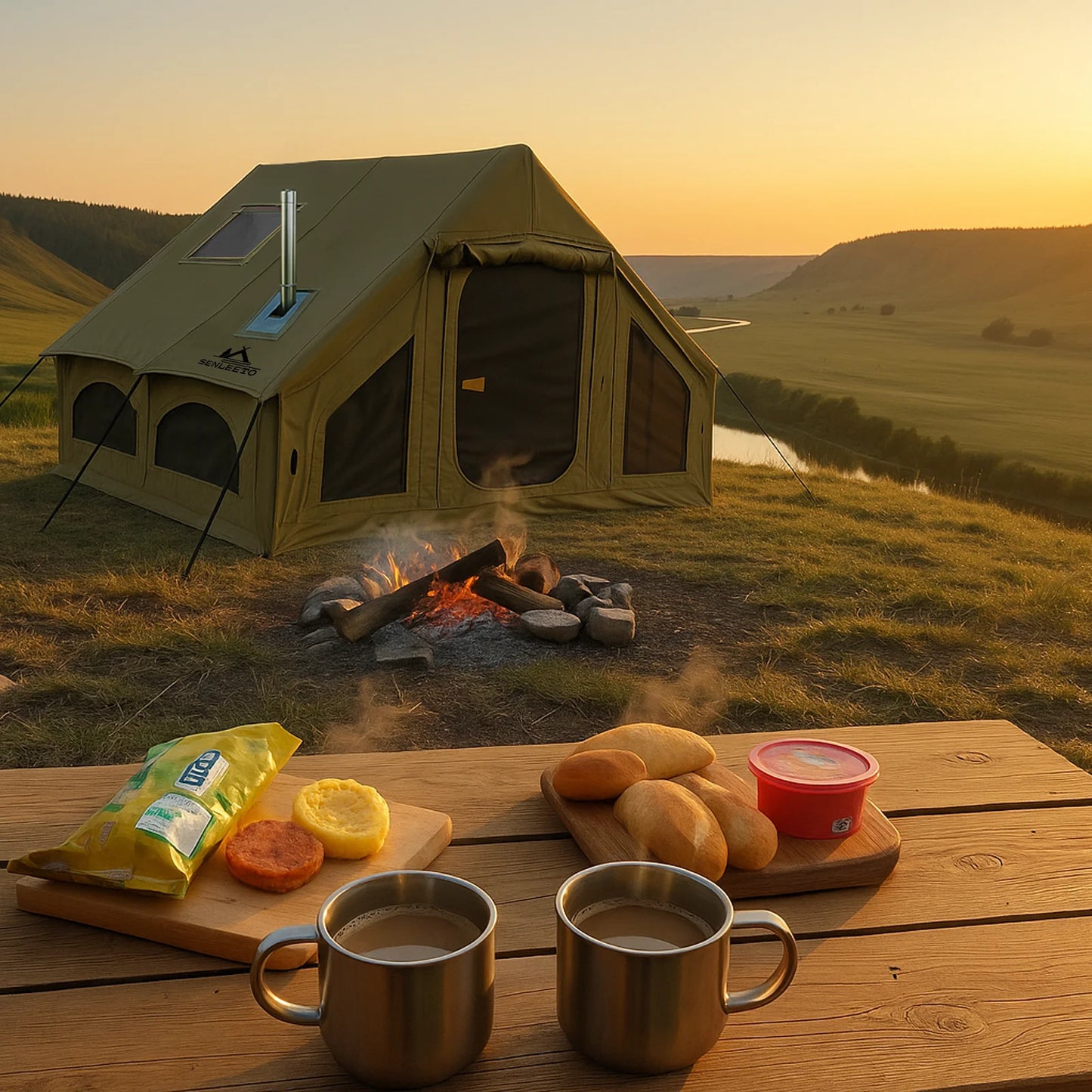 129 Square Feet Green Inflatable Camping Tent with Hand Pump,Waterproof Windproof Outdoor Blow up Tent with Chimney Stack