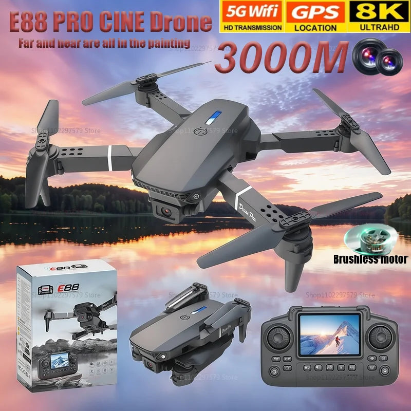 New Drones E88 Pro GPS 8K HD Dual Cameras  FPV 5G WiFi Brushles Motorss Obstacle Avoidance Quadcopter with Remote Adults Gift