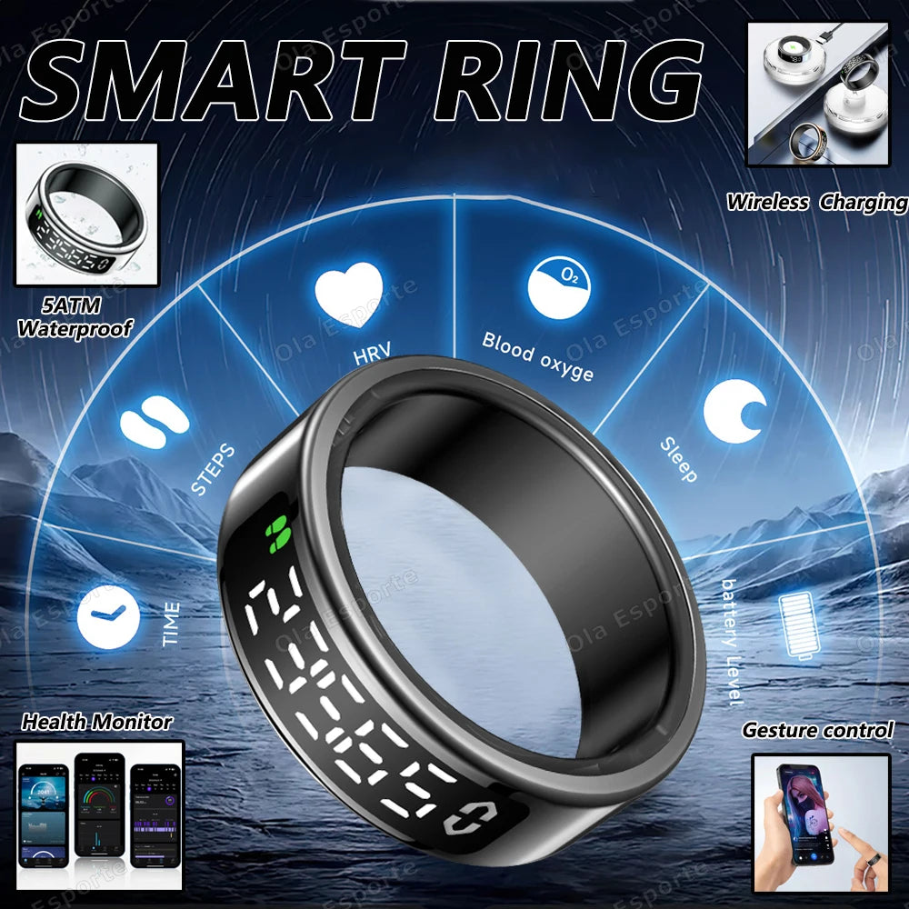 R12 Wireless Smart Ring Men, Women, LED Display Screen Heart Rate Blood Oxygen Monitor Sport 5ATM Waterproof Smart ring