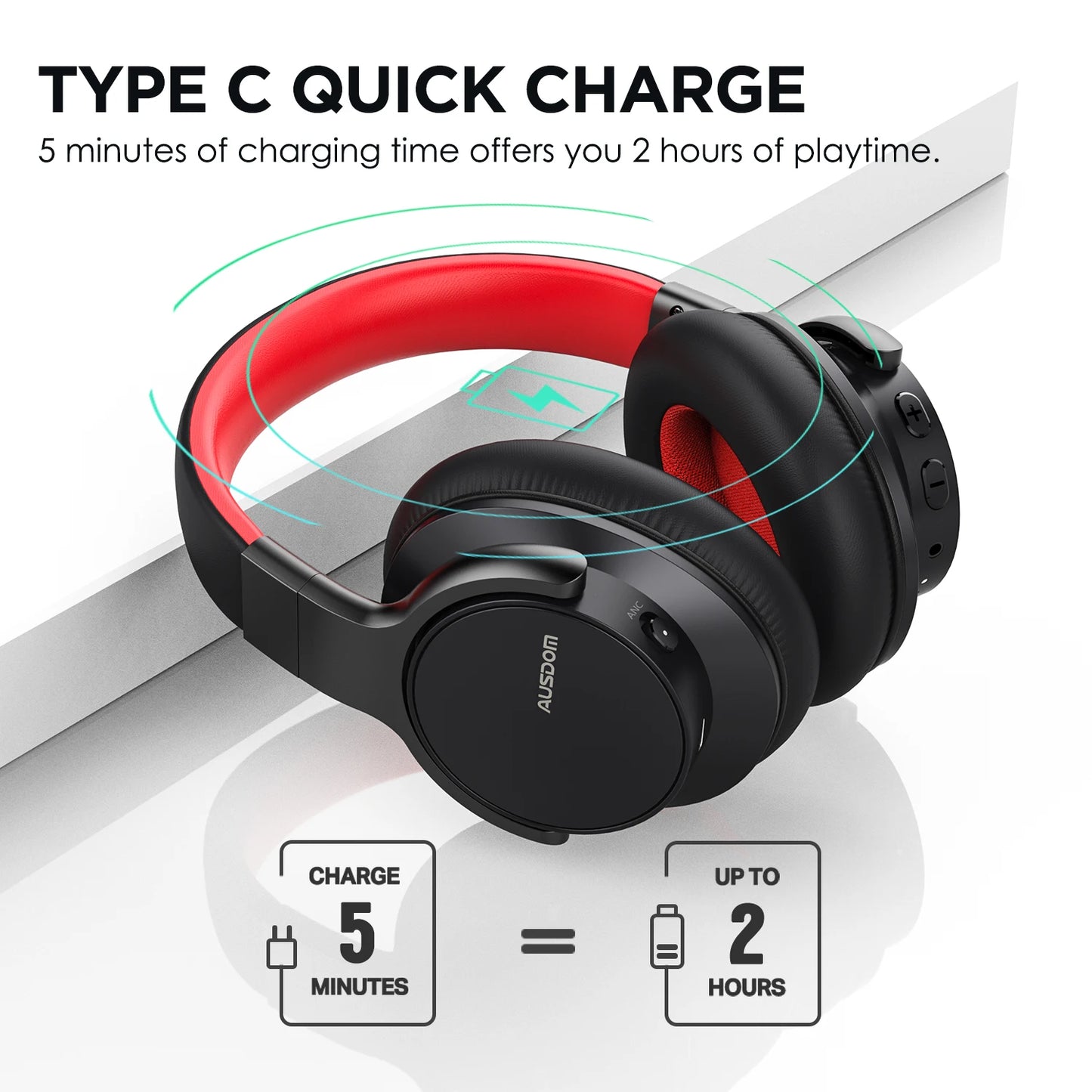 AUSDOM E7 Bluetooth Noise Cancelling Wireless Headset Hi-Fi Stereo Sound Over Ear ANC Headphone With Mics 50H Type-C For Office