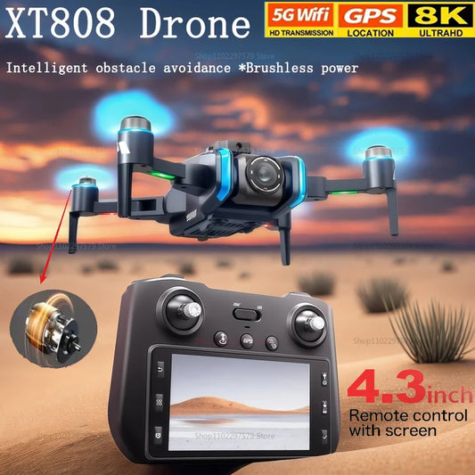XT808 Pro MAX GPS Drone Professional 1080P HD Light Flow Camera Aerial 5G Brush Avoiding Obstacle Large Screen Mavic Mini Drones