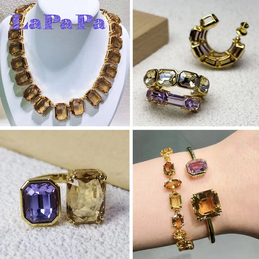 2025 New Fashion Octagonal Cut Crystal Fine Jewelry Set Luxury Brand for Women Earrings Necklaces Bracelet Ring Party Jewelry