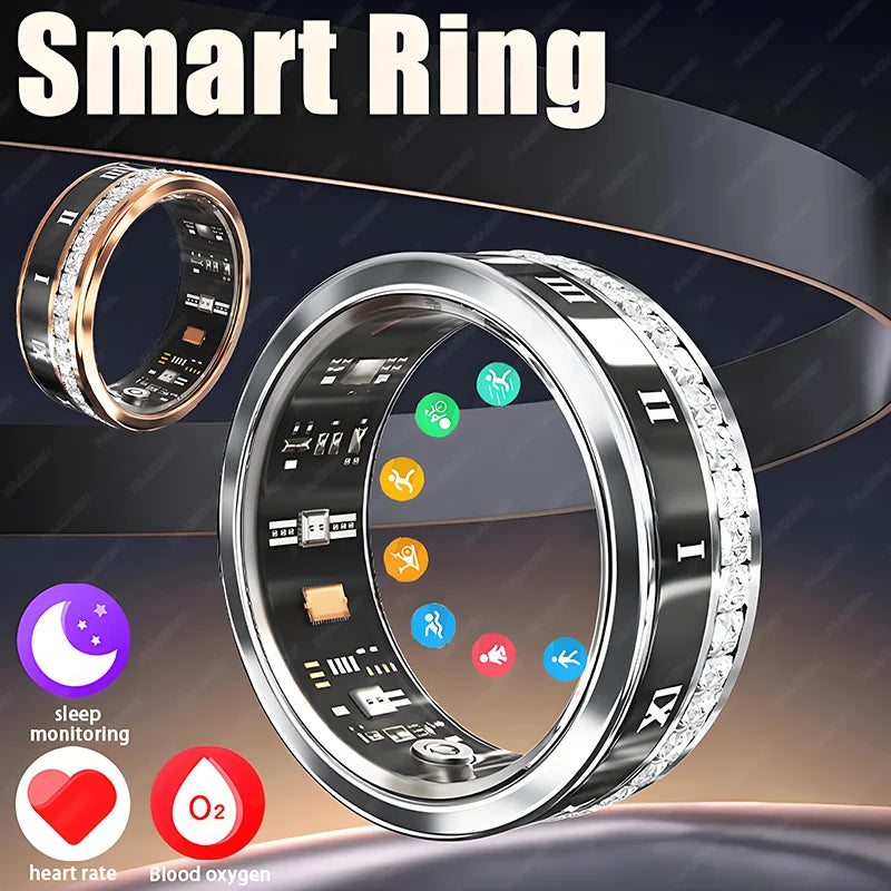 Diamond Inlaid Smart Ring HeartRate HealthMonitor, Blood Oxygen Waterproof Multi-sport Mode Smart Tracker for Iphone Android New