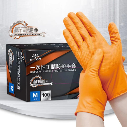Heavy Duty Orange Nitrile Gloves 8Mil Industrial Disposable Gloves with Diamond Textured Grip for Mechanic Safety & Work Gloves