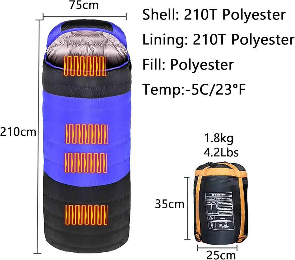 Winter -5℃ USB Heated Sleeping Bag Wearable Adult Electric Thermal Warm 4 Season Outdoor Camping Hiking Traveling (NO Power bank