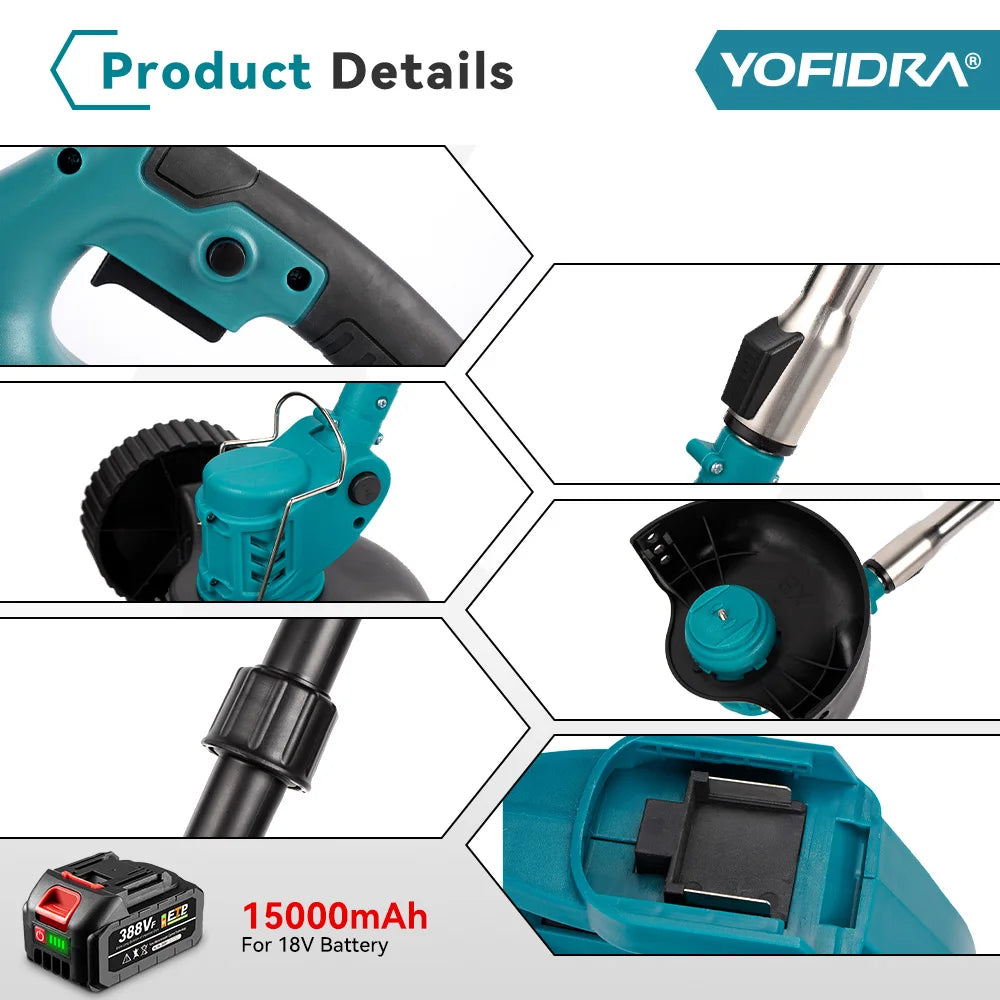 YOFIDRA Electric Lawn Mower Handheld Length Adjustable Cutter Cordless Garden Grass Cutting Trimmer For Makita 18V Battery Pin