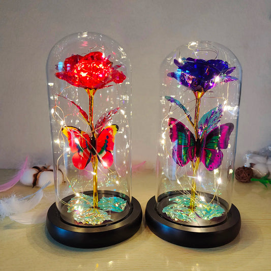 Rose Light Artificial Galaxy Rose Lamp with Butterfly and Colorful LED Rose Flowers In Glass Battery Powered Gifts for Women