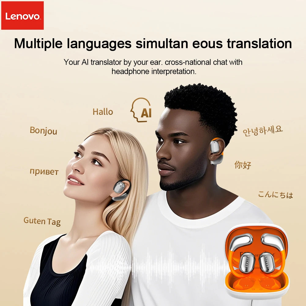 [AI Earphone]Lenovo Wireless Hanging Ear Headphone QT02 Real Time Translator With Touch Screen Charging Case Earbud for Business