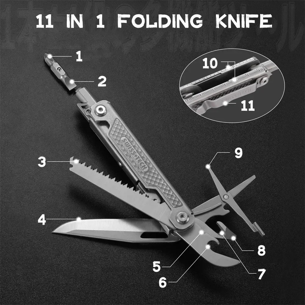2025 New SWISS TECH 11 in 1 Mini Multitool Knife Folding EDC Outdoor Camping Survival Tools Pocket Knife Scissors Screwdriver