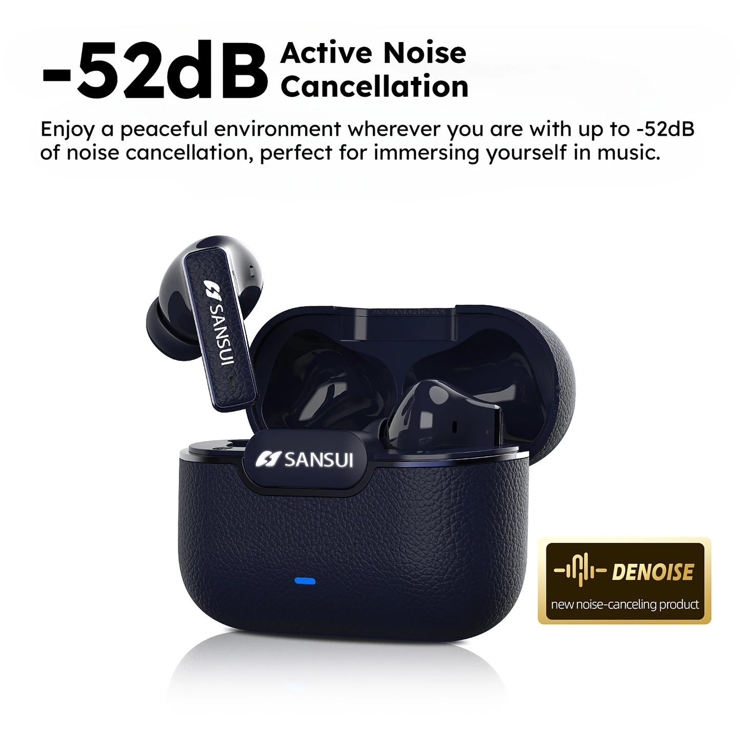 Sansui ANC Bluetooth 5.4 Earphone 52dB Active Noise Canceling Headphone In-Ear Detection TWS Wireless Earbuds with Powerful Bass