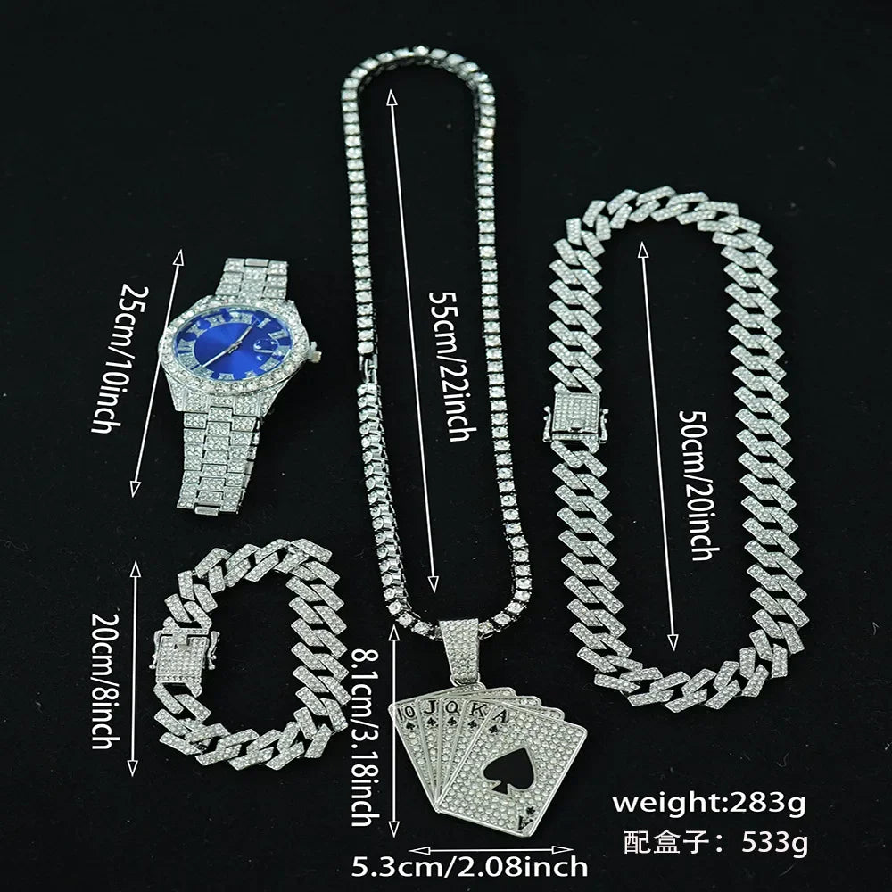 4pcs Necklace+Bracelet+Watch Cuban Chain Watch for Men Hip Hop Miami Curb Iced Out Paved Rhinestone Rapper Cuban men Jewelry set