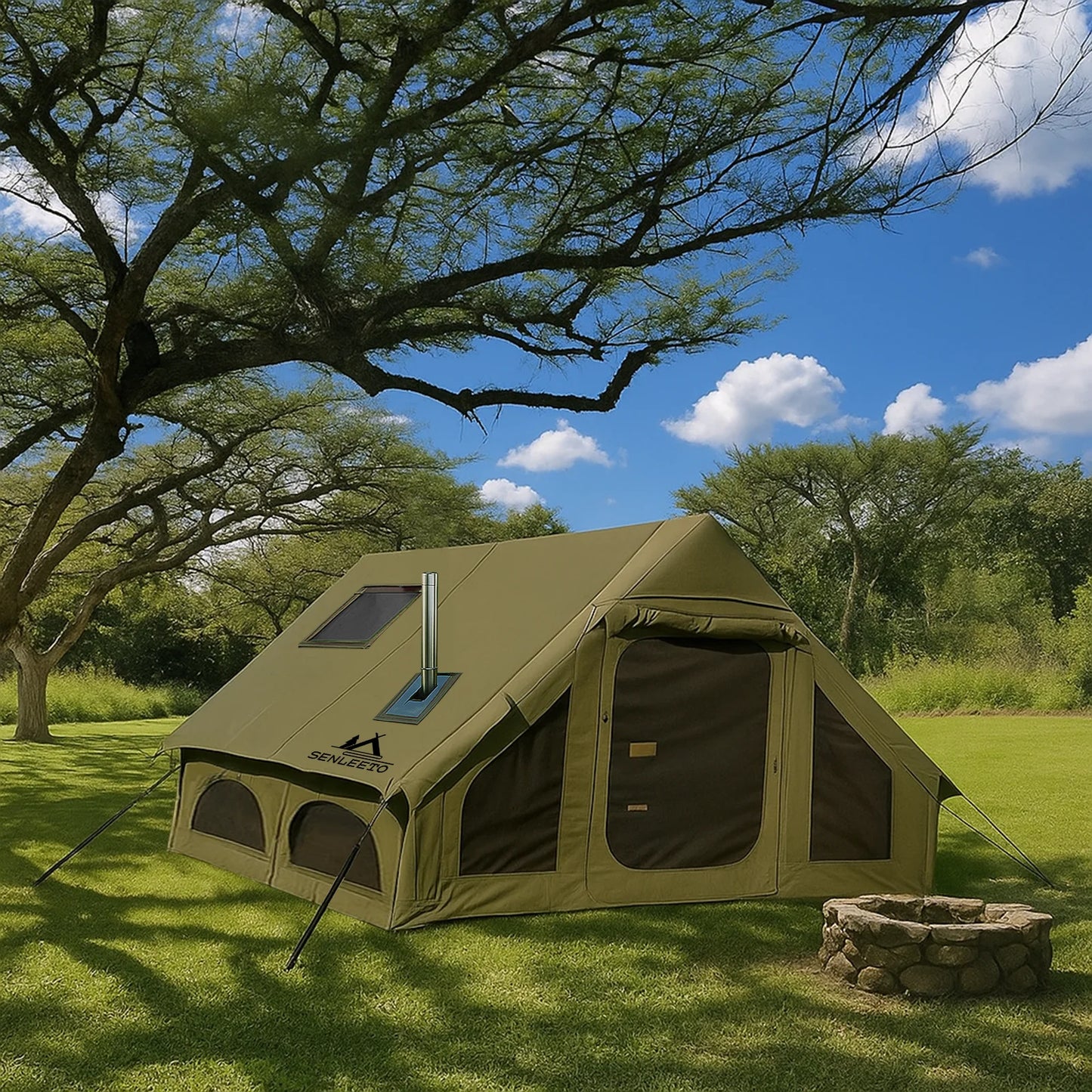 129 Square Feet Green Inflatable Camping Tent with Hand Pump,Waterproof Windproof Outdoor Blow up Tent with Chimney Stack