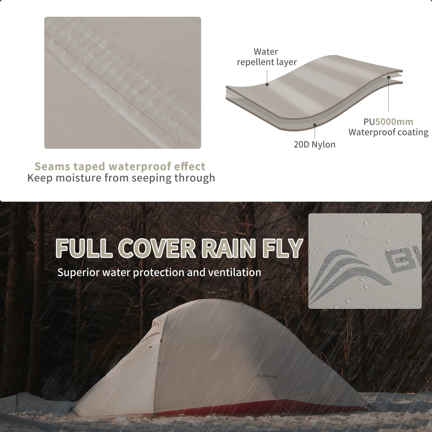 BISINNA Ultralight Camping Tent Backpack Tent 20D Nylon Waterproof Outdoor Hiking Travel Tent Cycling Tent 1-2 Person