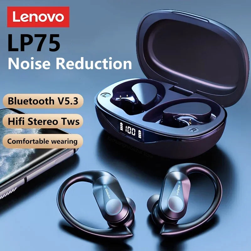 3/5/10PCS Original Lenovo LP75 TWS Sports Headphones Wireless Bluetooth 5.3 EarHook Noise Reduction Gaming Earphone Wholesale