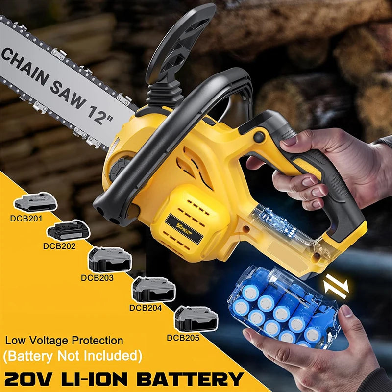 VIVSSO 12Inch Electric Chain Saw 1200W Handheld Woodworking Chain Saw Graden Pruning Tools For Dewalt 20V Battery Pins