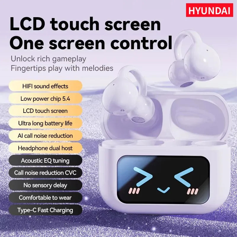 Choice HYUNDAI M100 ENC Ear Clip LED Digital Display Earphones Wireless Bluetooth Headphones Noise Cancelling Touch Control
