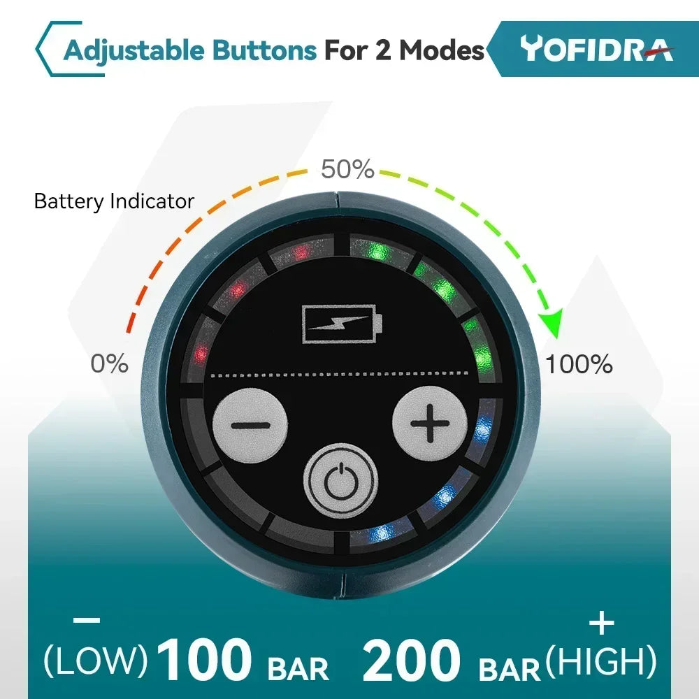 YOFIDRA 200Bar Brushless Electric Water Gun 6-in-1 Car Cleaning Garden Watering Suit Fit For Makita 18V Battery Pin Spray Gun