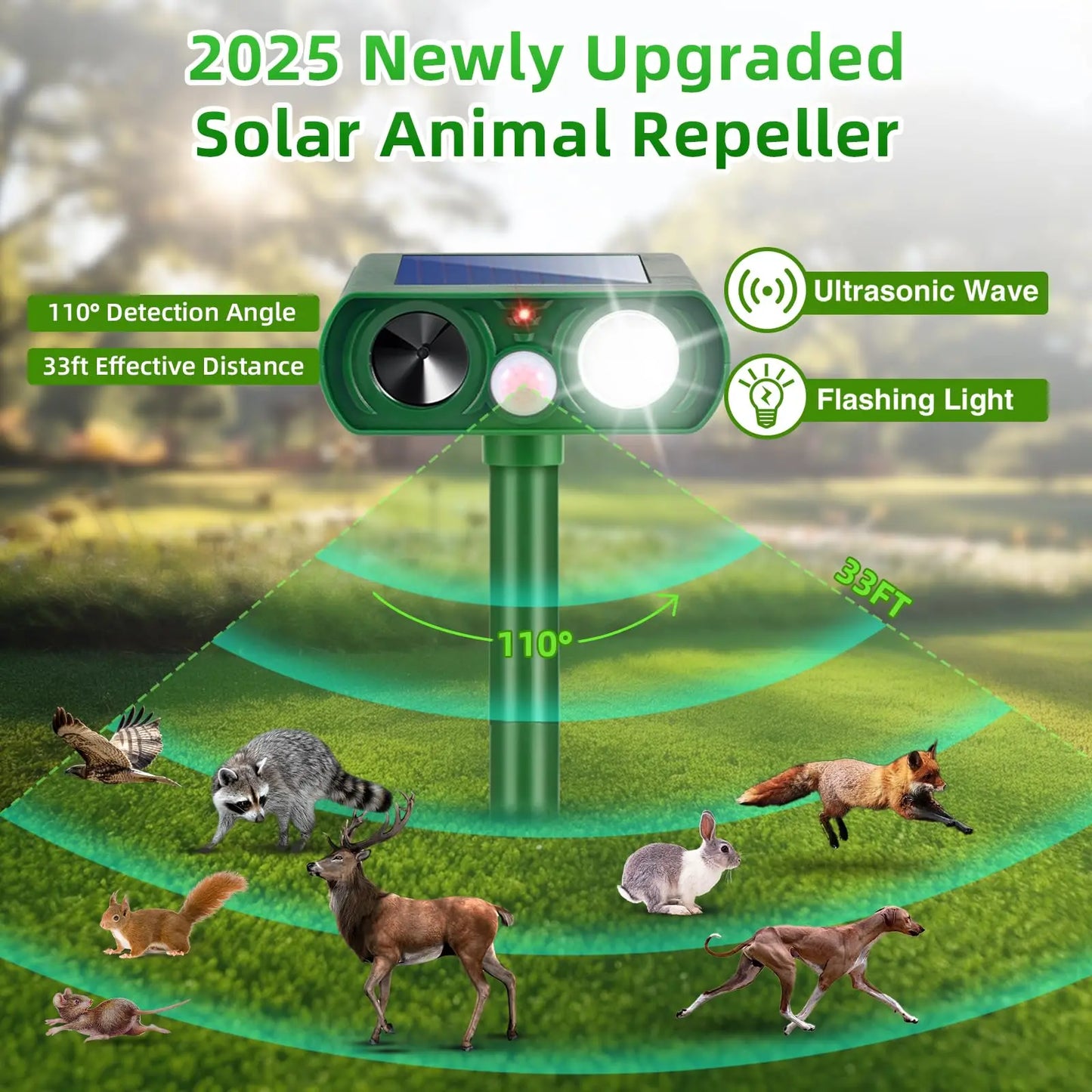 Solar Ultrasonic Animal Repellent With Motion Sensor, LED, Waterproof - Deer, Cat, Squirrel, Dog Deterrent for Yard Garden Farm
