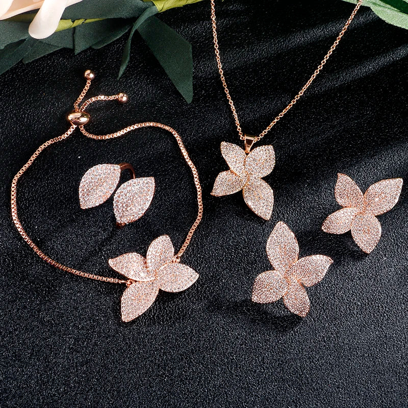 RAKOL Luxury Leaf Shape 4pcs Jewelry Sets Micro Pave Setting Cubic Zirconia Earrings Ring Necklace Bracelet Dubai Jewelry Set
