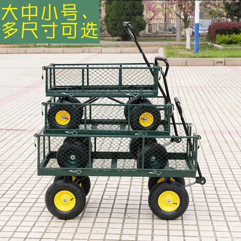 Household Garden Wagon Trolley Courtyard Camping Lawn 4 Wheel Barrow Outdoor Steel Folding Cart Beach Wagon Cart