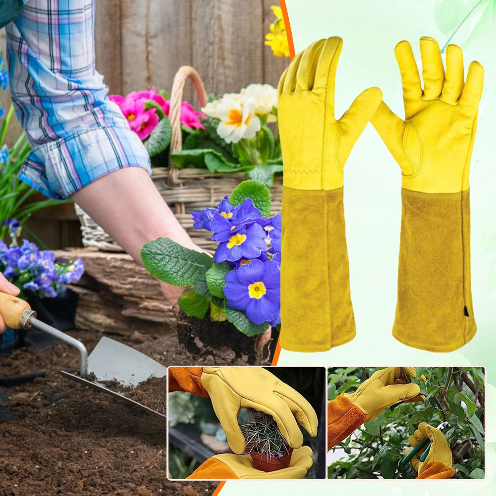 1 Pair Long Thorn Proof Gardening Gloves Breathable Leather Working Mitten with Forearm Protection Floral Gauntlet for Women Men