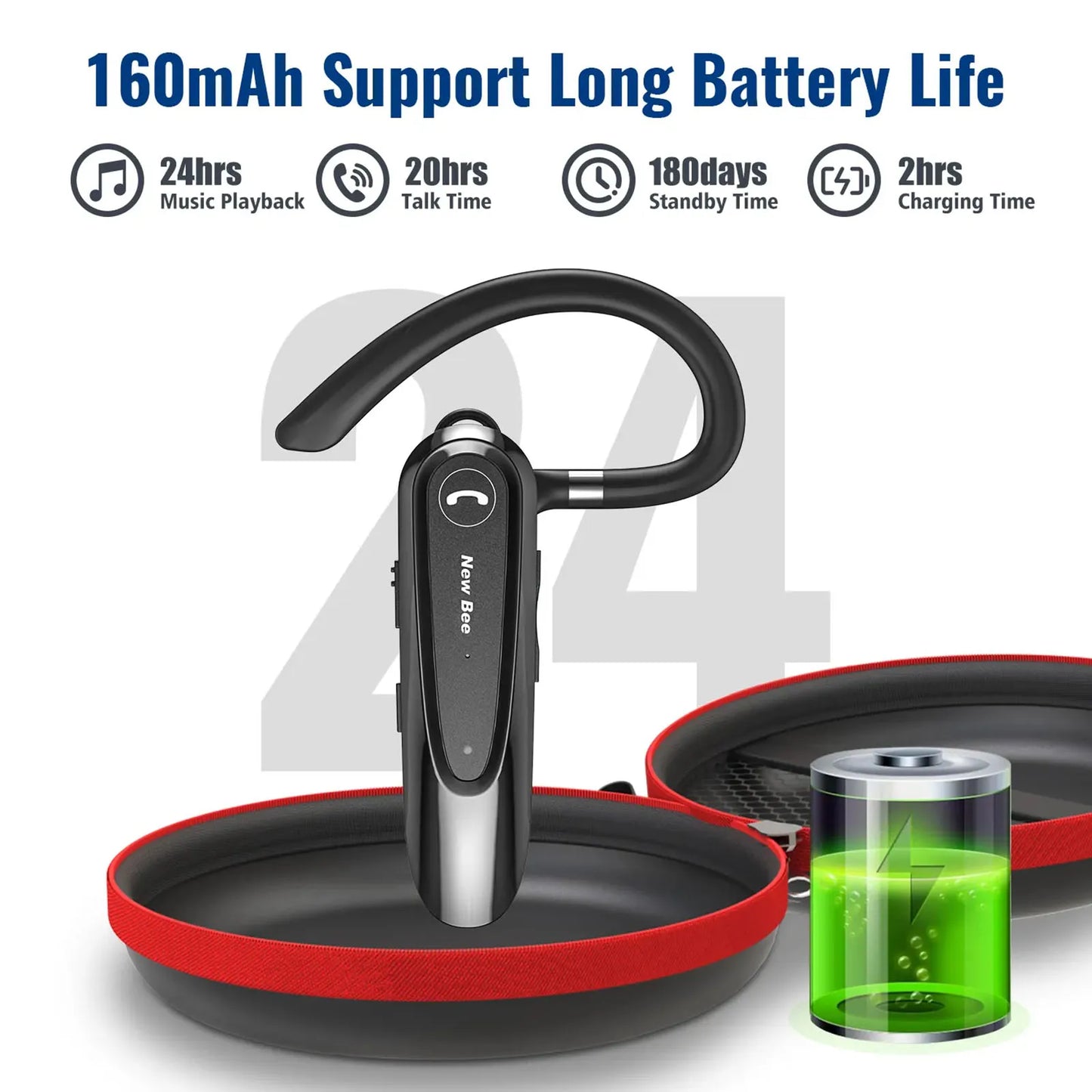 New Bee LC-B45 Bluetooth 5.0 Headset Single In-Ear Wireless Earphone Hands-Free w/ Mic CVC8.0 Noise Cancelling Talk For Driving