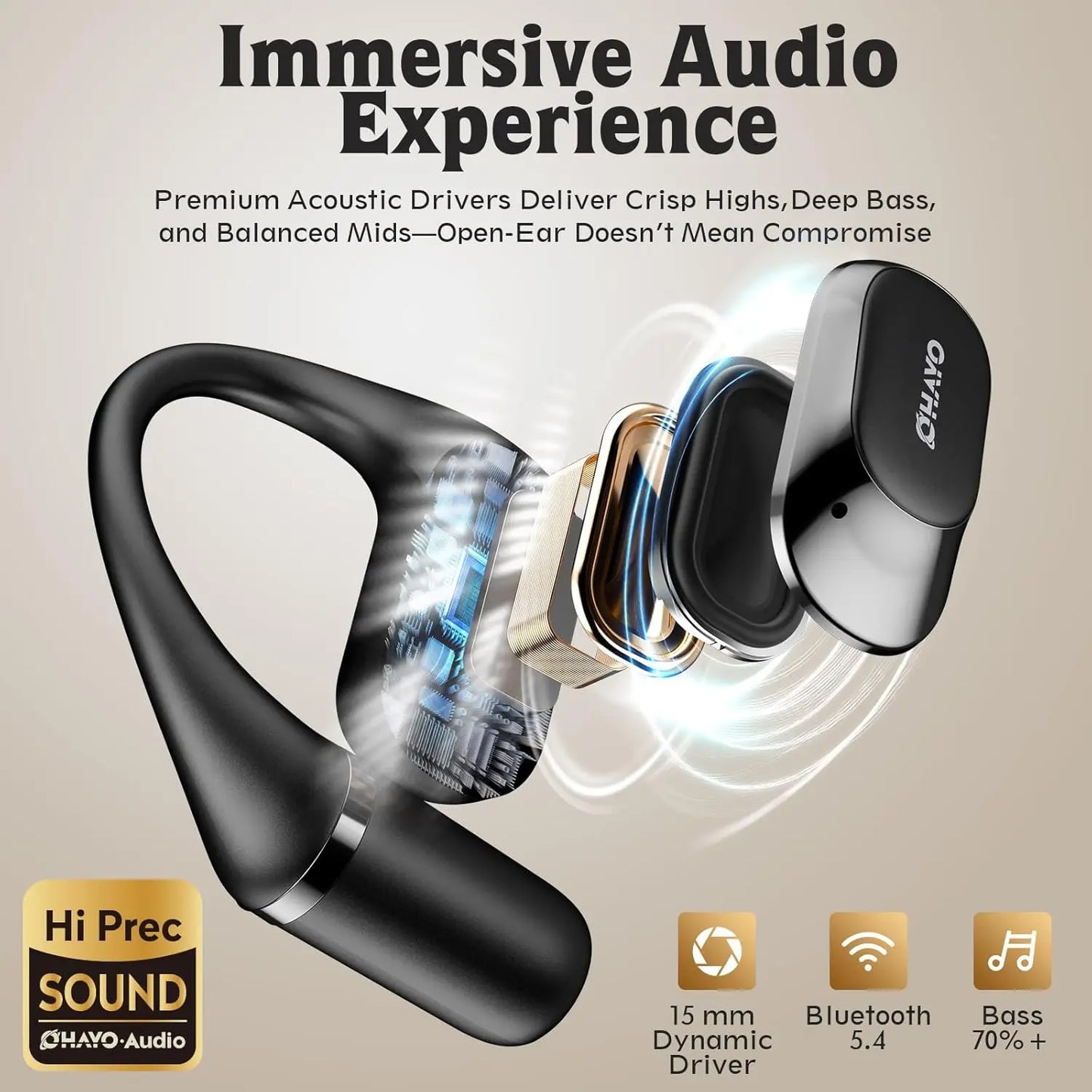 Ohayo T10 Open Ear Earbuds Bluetooth 5.4 Headphones Wireless 40Hrs Playtime TWS Wireless Earbuds with Digital Display for Sports