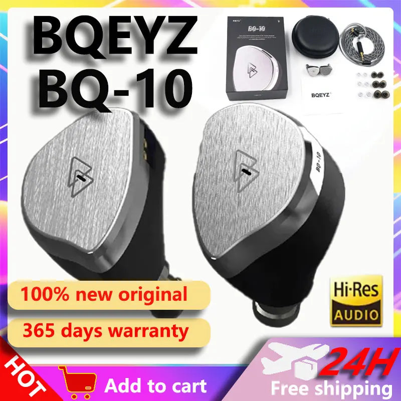 BQEYZ BQ10 IEM Wired HiFi in-Ear Earphones Gaming 12mm PET Dynamic Driver Earbuds 0.78mm 2Pin Detachable Silver-plated OFC Cable