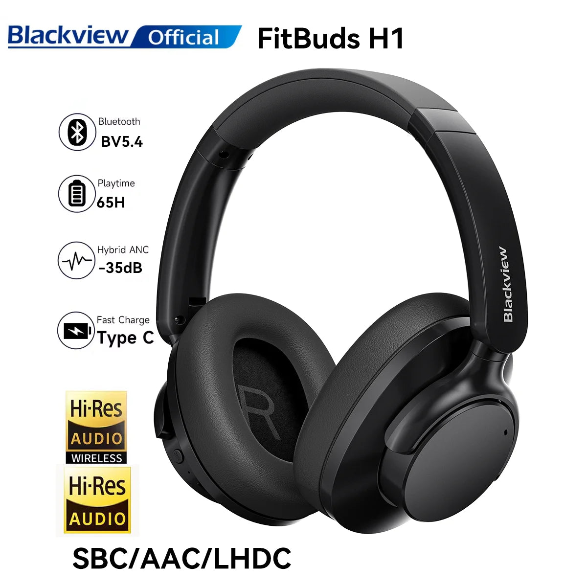Blackview Fitbuds H1 Hybrid Active Noise Cancelling Headphones Bluetooth 5.4 Hi-Res Audio Over Ear Wireless Headset ANC With Mic