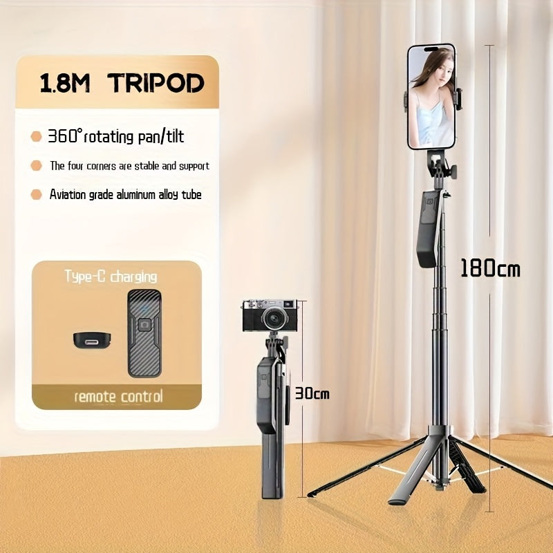 Wireless Selfie Stick Tripod with 360° Swivel Head, Anti-Shake, Integrated Phone Holder for Photography and Videography, Extends to 1.8 Meter/5.9 Feet, Photography Essentials | Portable Photography Gear | Durable Tripods